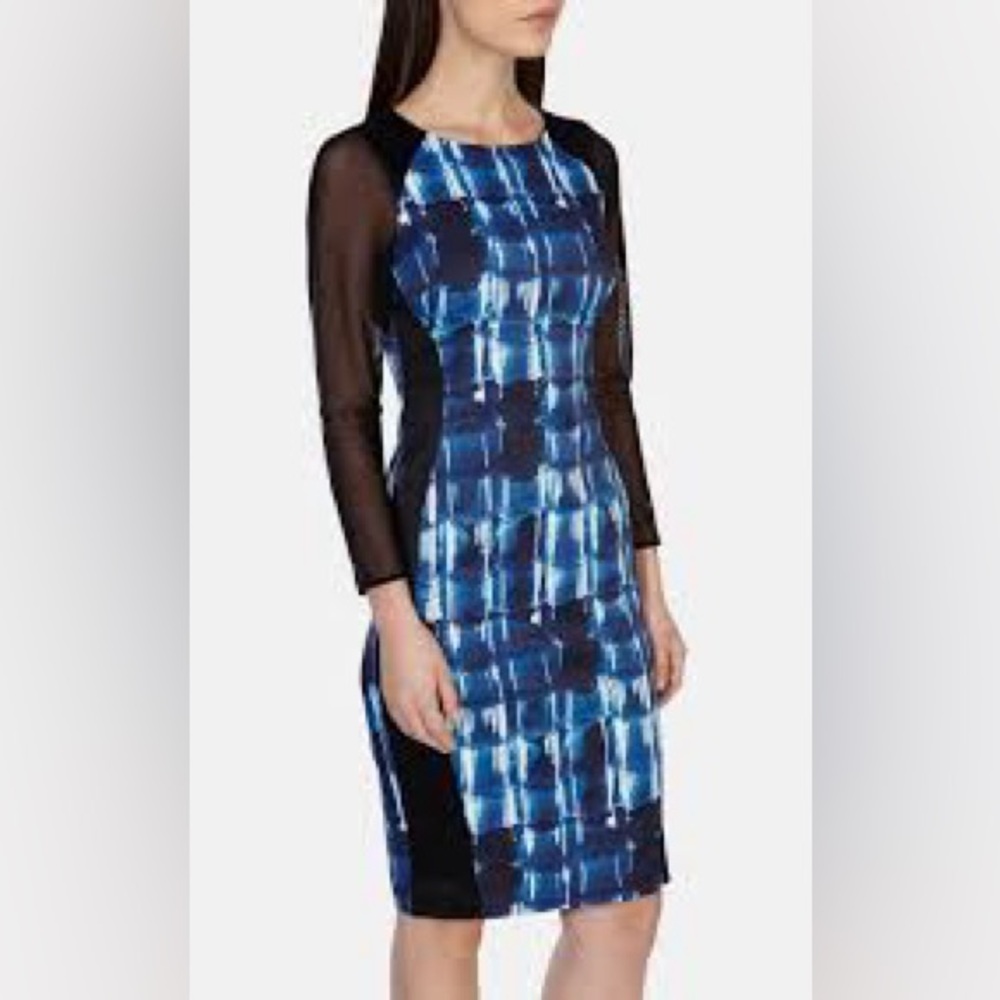 Karen Millen Black Blue Long Sleeve Mesh Pencil Midi Dress
